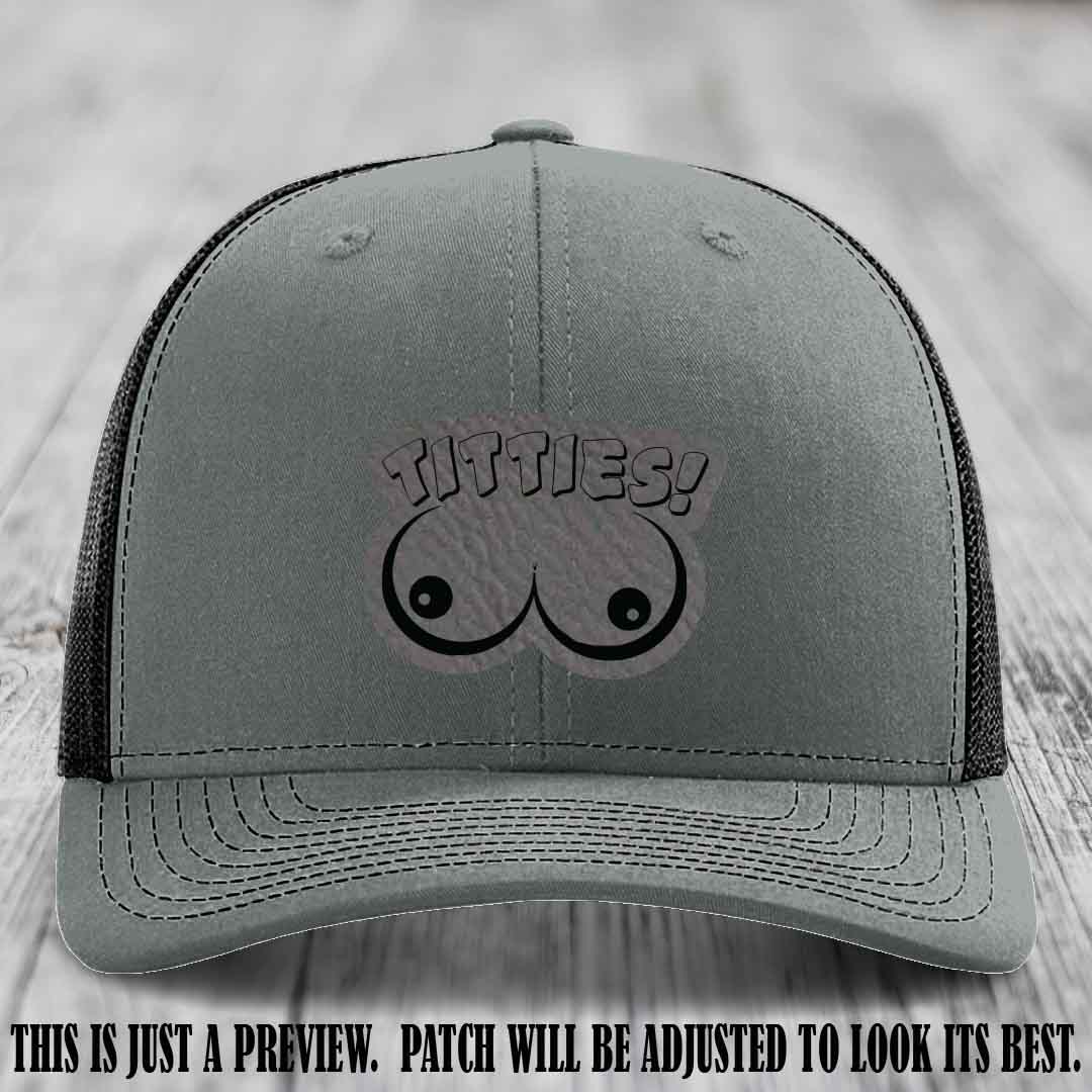 TITTIES! leather patch on Grey to Black Patch mounted on a Heather Grey to Black Hat – Richardson 112 funny trucker hat