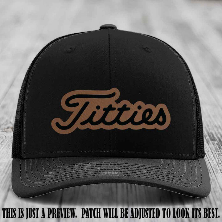 Titties patch design on Dark Brown to Black Patch on Black Hat