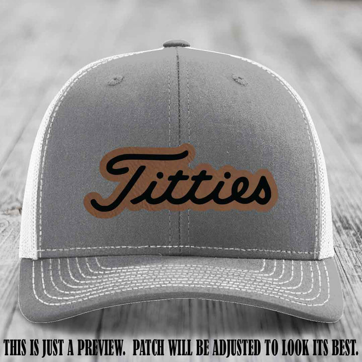 Titties patch design on Dark Brown to Black Patch on Heather Grey to White Hat