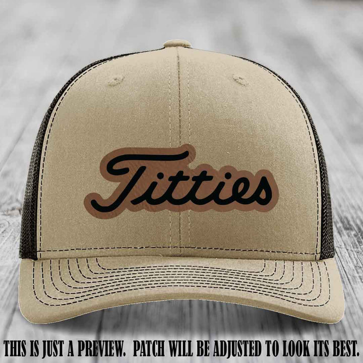 Titties patch design on Dark Brown to Black Patch on Khaki to Coffee Hat