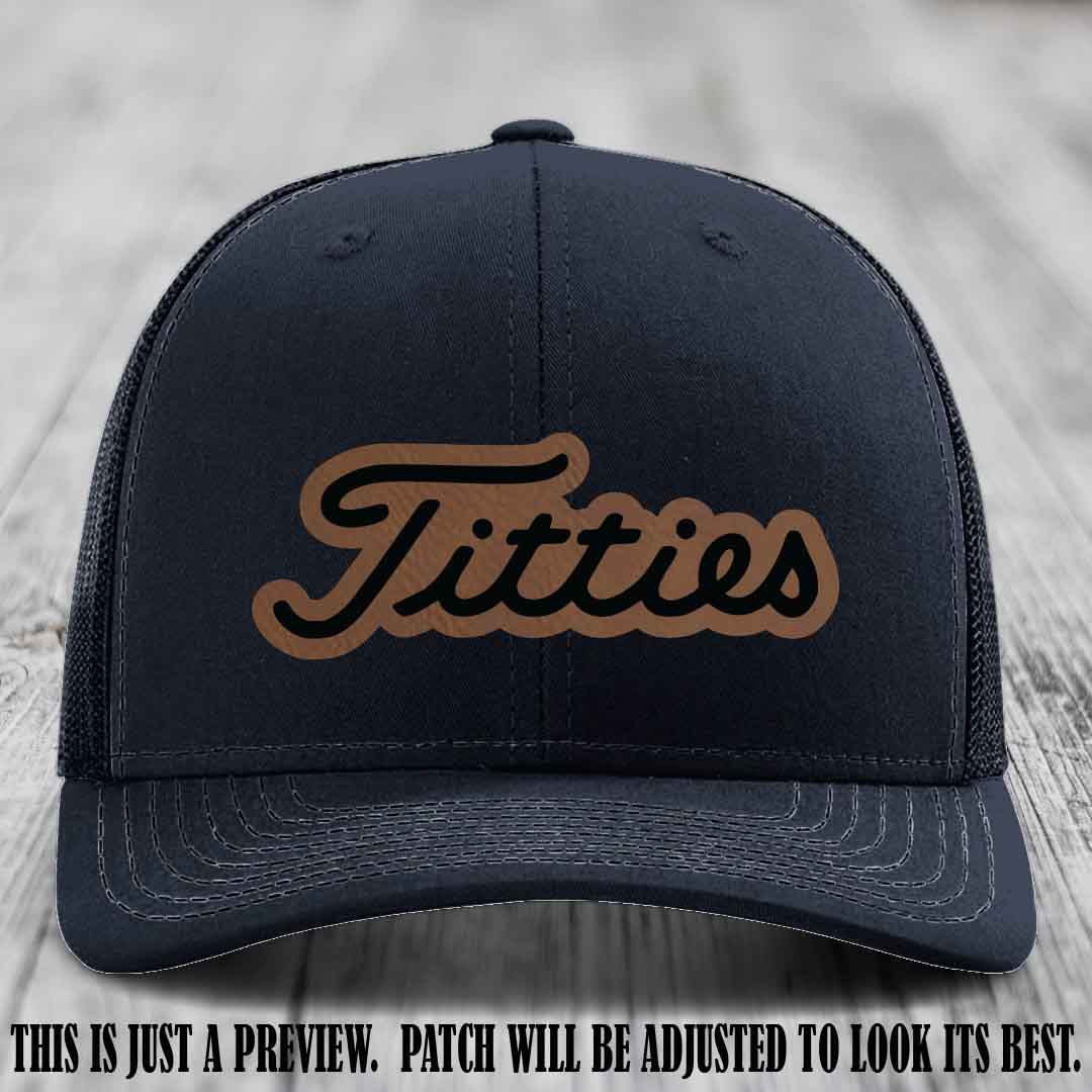 Titties patch design on Dark Brown to Black Patch on Navy Hat