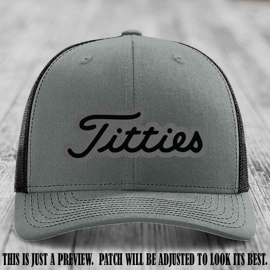 Titties patch design on Grey to Black Patch on Heather Grey to Black Hat