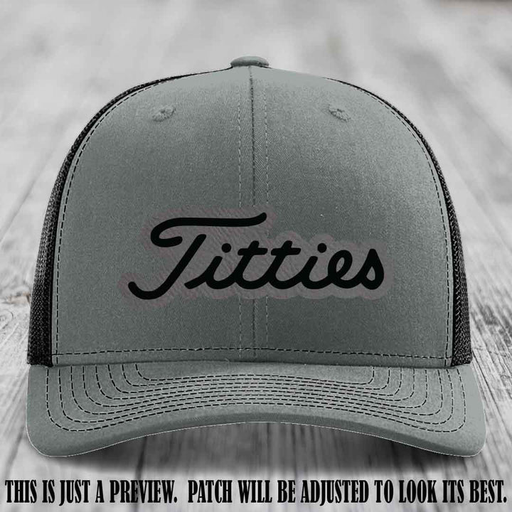 Titties patch design on Grey to Black Patch on Heather Grey to Black Hat