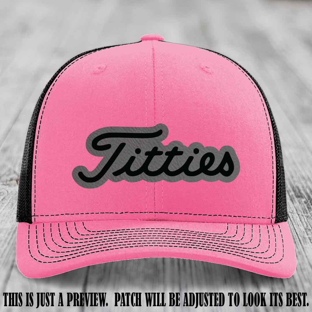 Titties patch design on Grey to Black Patch on Hot Pink to Black Hat