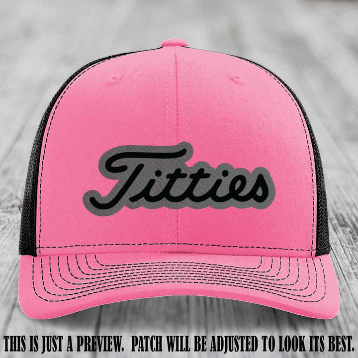 Titties patch design on Grey to Black Patch on Hot Pink to Black Hat