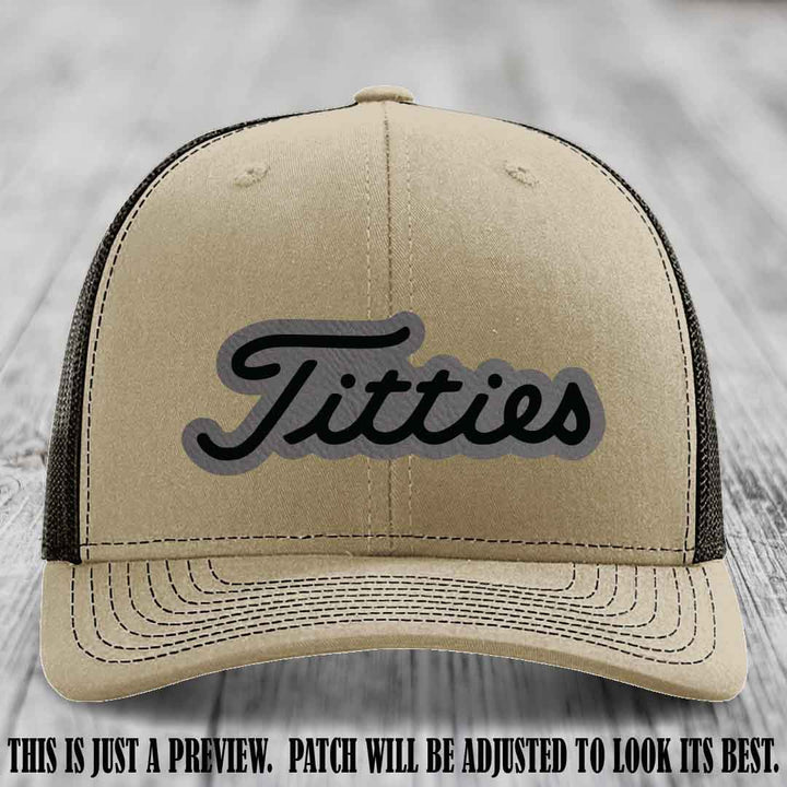 Titties patch design on Grey to Black Patch on Khaki to Coffee Hat