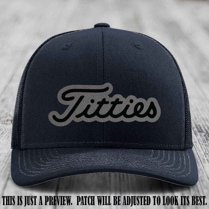 Titties patch design on Grey to Black Patch on Navy Hat