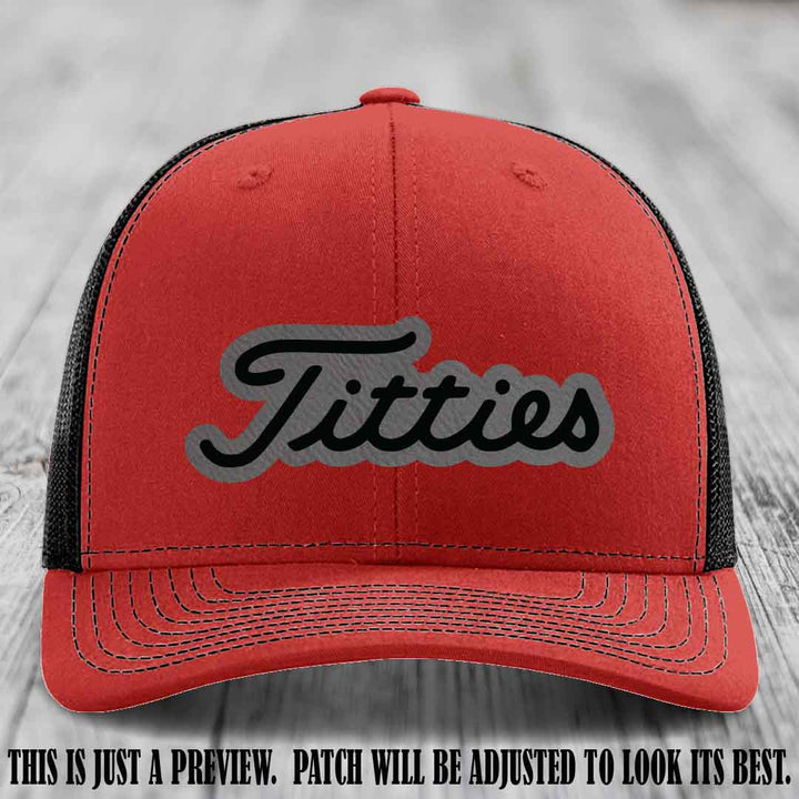Titties patch design on Grey to Black Patch on Red to Black Hat