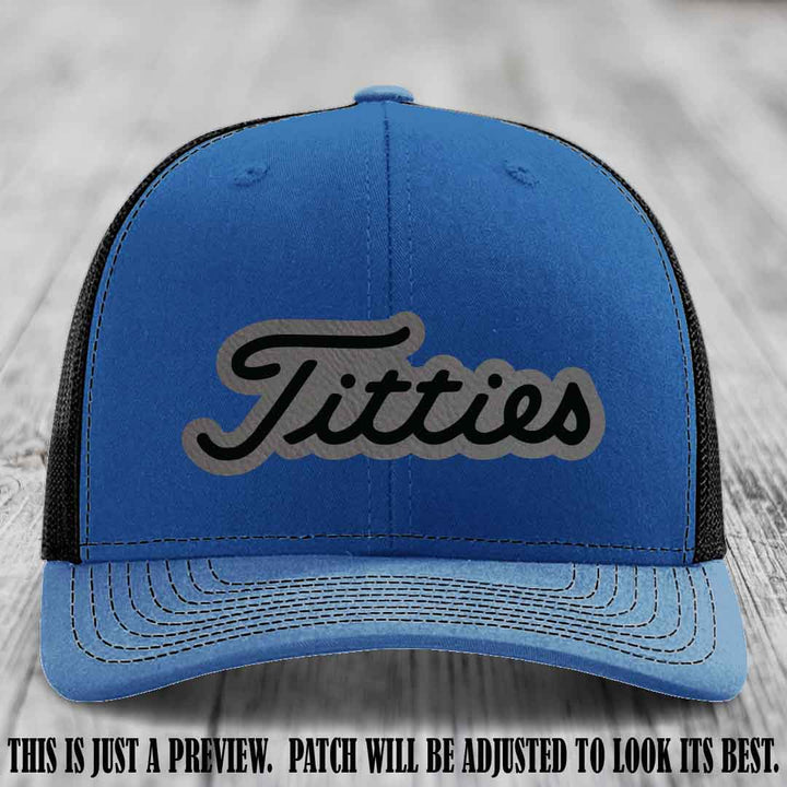 Titties patch design on Grey to Black Patch on Royal to Black Hat