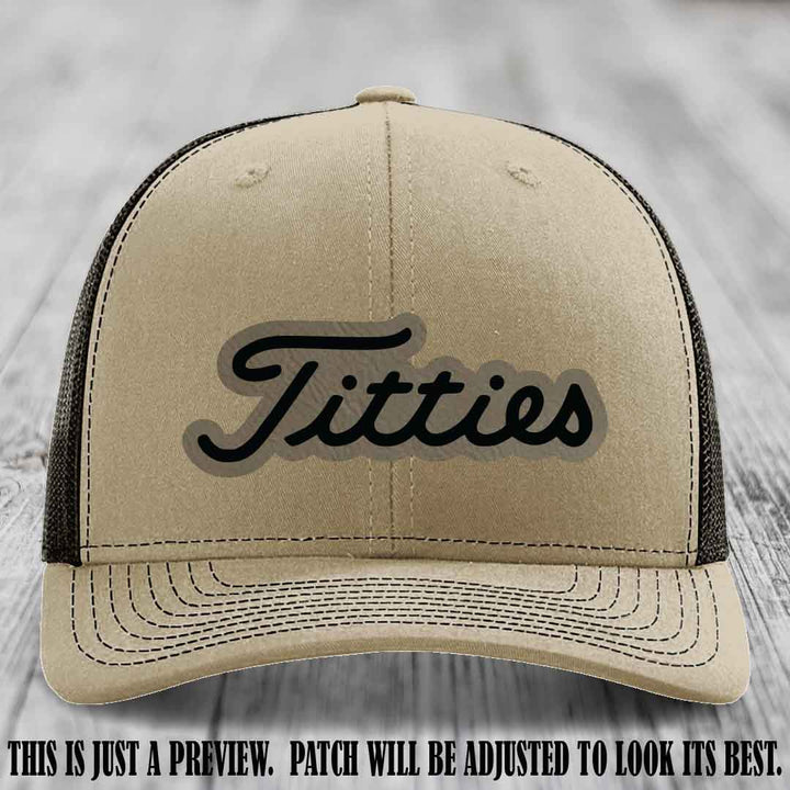 Titties patch design on Light Brown to Black Patch on Khaki to Coffee Hat
