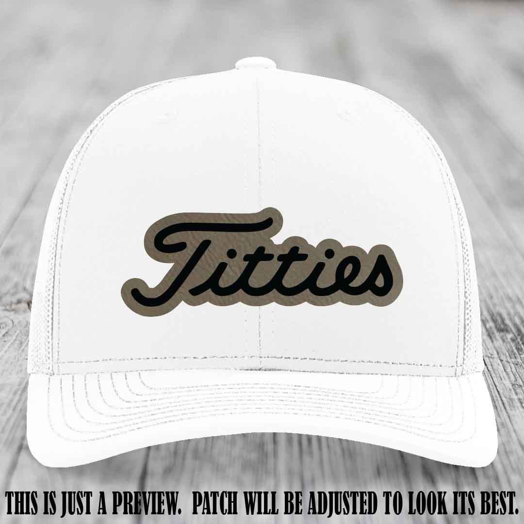 Titties patch design on Light Brown to Black Patch on White Hat