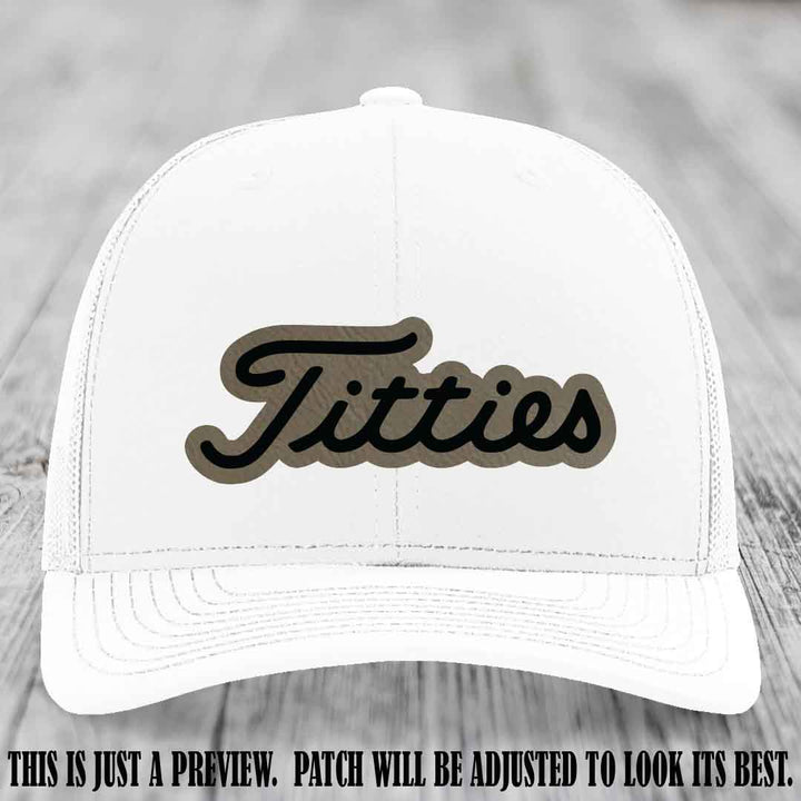 Titties patch design on Light Brown to Black Patch on White Hat
