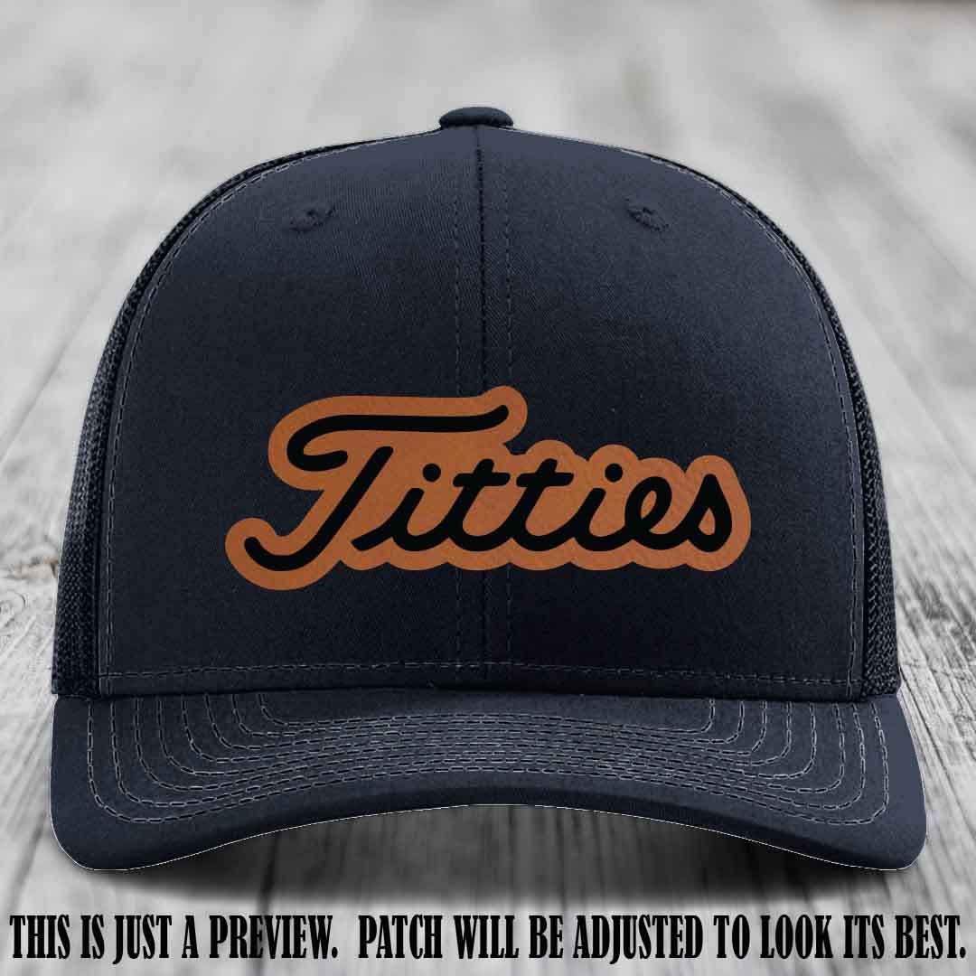 Titties patch design on Rawhide to Black Patch on Navy Hat