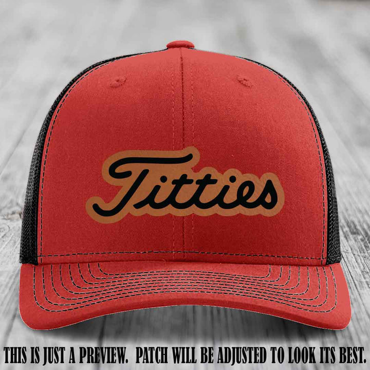 Titties patch design on Rawhide to Black Patch on Red to Black Hat