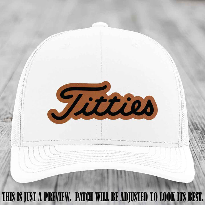 Titties patch design on Rawhide to Black Patch on White Hat