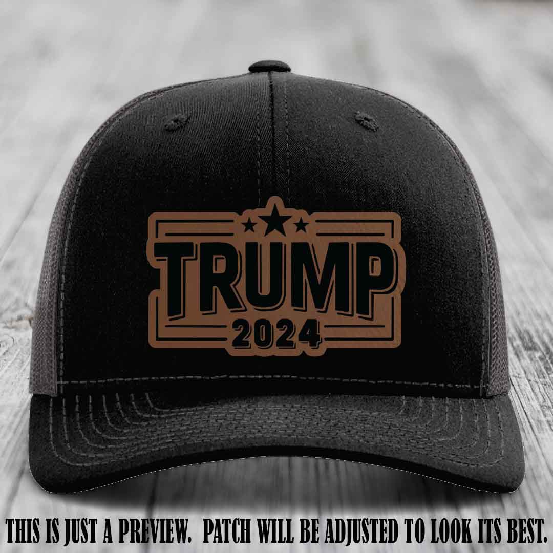 TRUMP 2024 leather patch on Richardson 112 Black to Charcoal Hat with Dark Brown to Black Patch