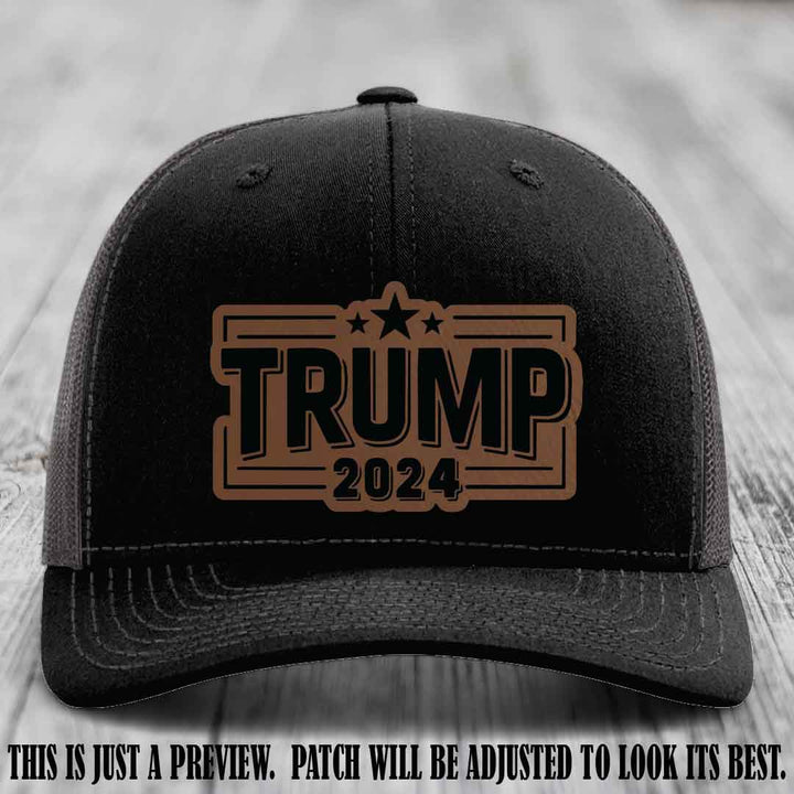 TRUMP 2024 leather patch on Richardson 112 Black to Charcoal Hat with Dark Brown to Black Patch