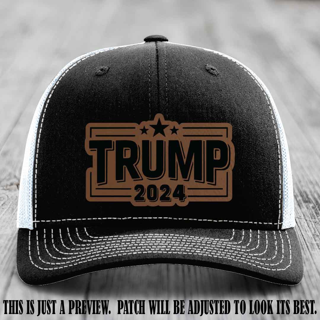 TRUMP 2024 leather patch on Richardson 112 Black to White Hat with Dark Brown to Black Patch