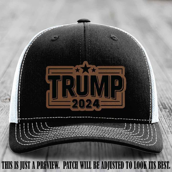 TRUMP 2024 leather patch on Richardson 112 Black to White Hat with Dark Brown to Black Patch