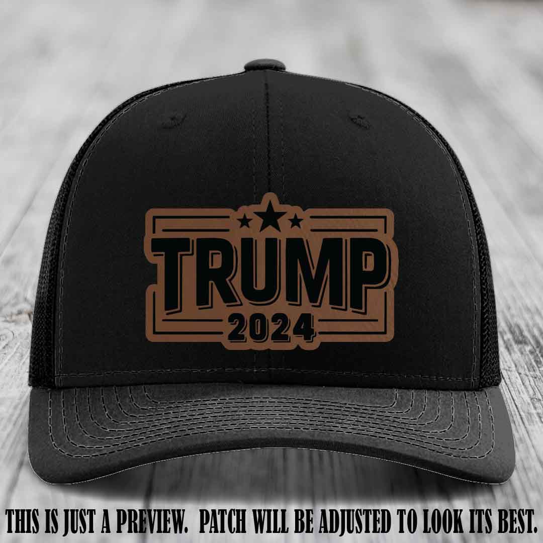 TRUMP 2024 leather patch on Richardson 112 Black Hat with Dark Brown to Black Patch