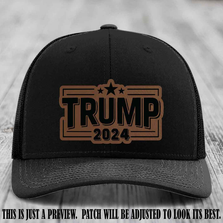 TRUMP 2024 leather patch on Richardson 112 Black Hat with Dark Brown to Black Patch