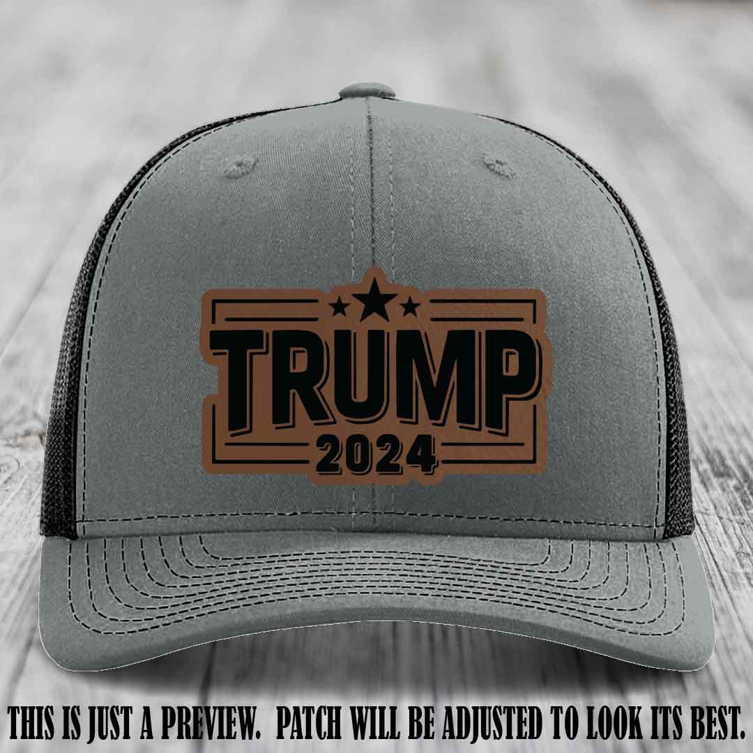 TRUMP 2024 leather patch on Richardson 112 Heather Grey to Black Hat with Dark Brown to Black Patch