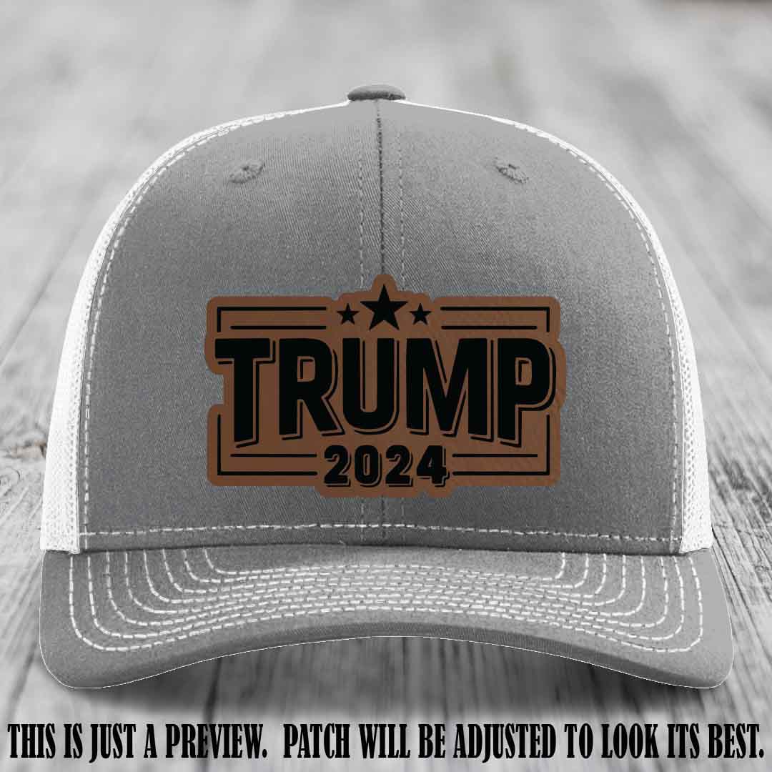 TRUMP 2024 leather patch on Richardson 112 Heather Grey to White Hat with Dark Brown to Black Patch
