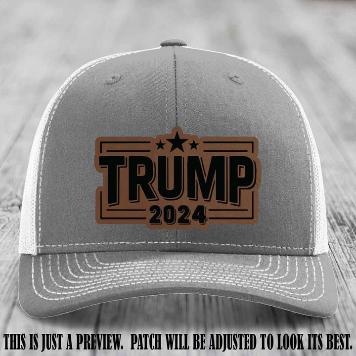 TRUMP 2024 leather patch on Richardson 112 Heather Grey to White Hat with Dark Brown to Black Patch