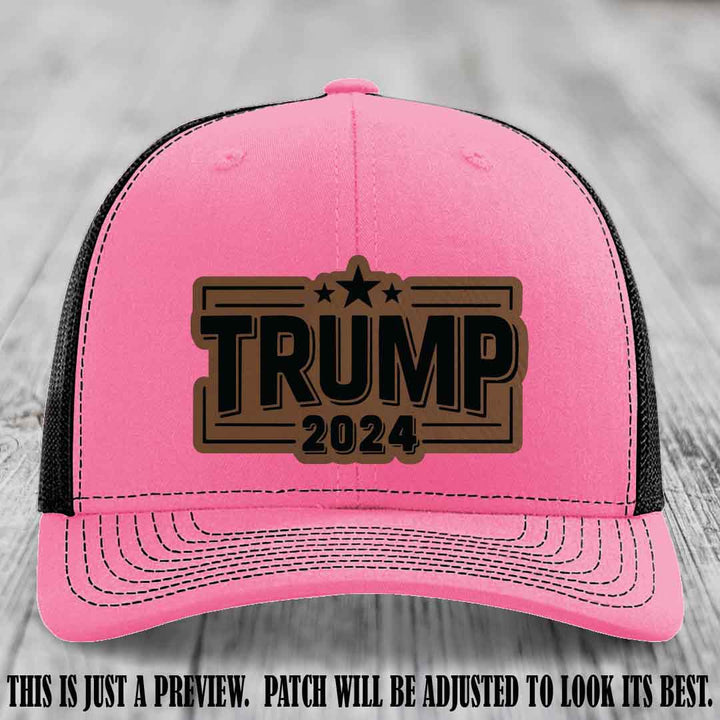 TRUMP 2024 leather patch on Richardson 112 Hot Pink to Black Hat with Dark Brown to Black Patch