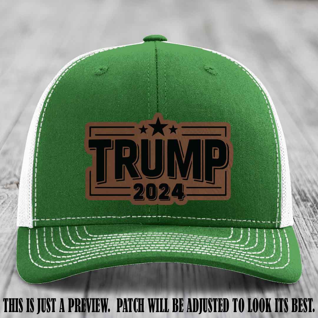 TRUMP 2024 leather patch on Richardson 112 Kelly to White Hat with Dark Brown to Black Patch