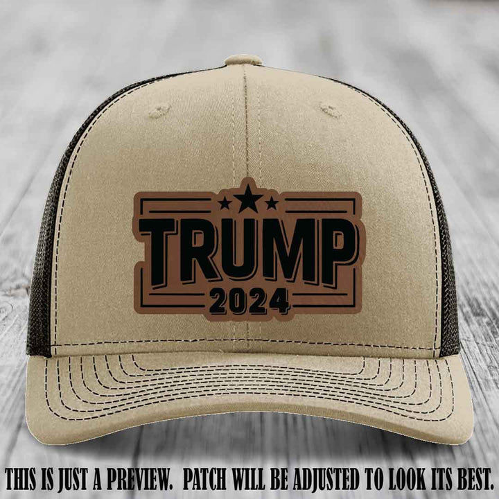 TRUMP 2024 leather patch on Richardson 112 Khaki to Coffee Hat with Dark Brown to Black Patch