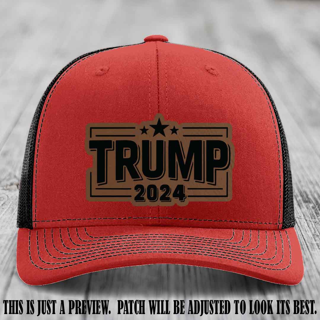 TRUMP 2024 leather patch on Richardson 112 Red to Black Hat with Dark Brown to Black Patch