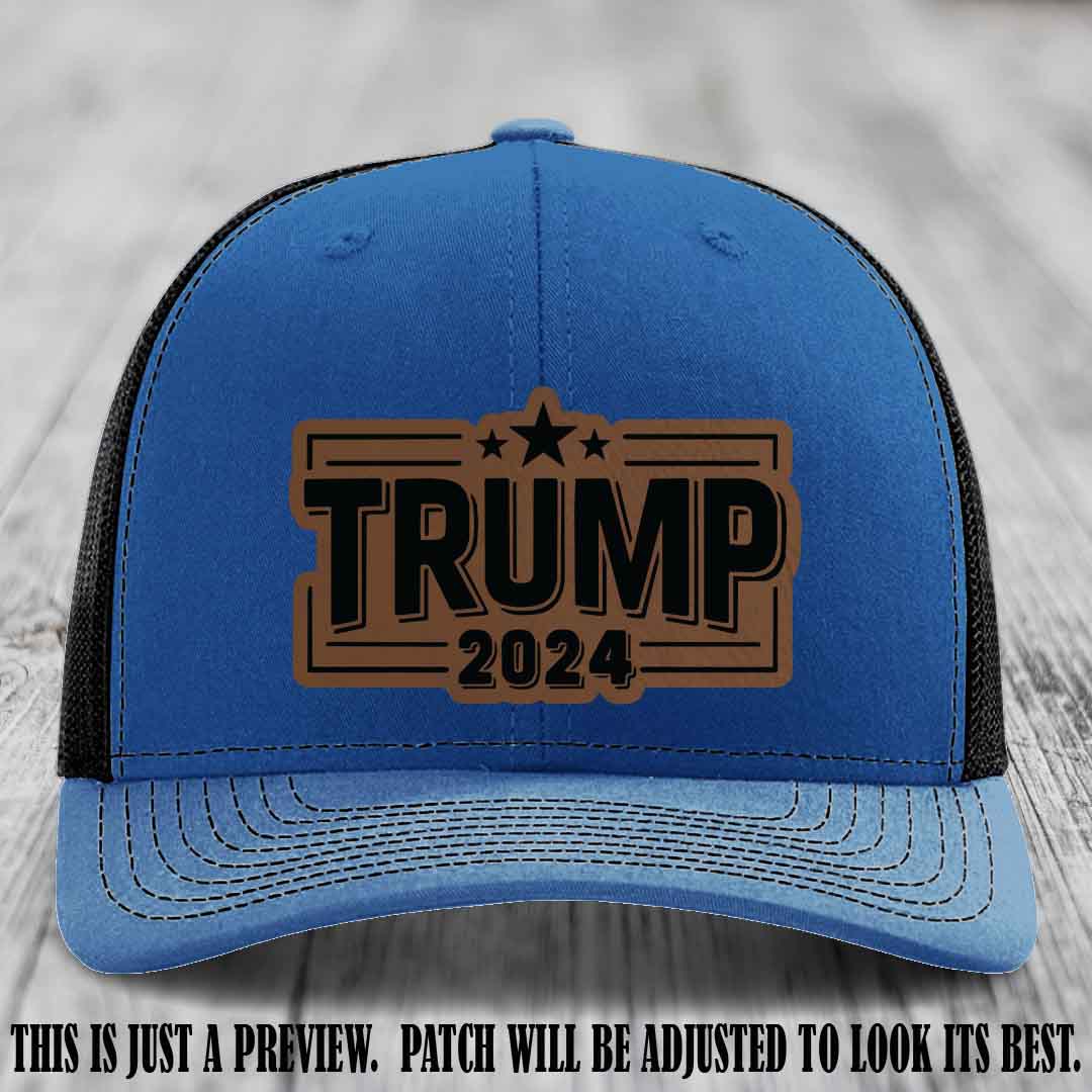 TRUMP 2024 leather patch on Richardson 112 Royal to Black Hat with Dark Brown to Black Patch