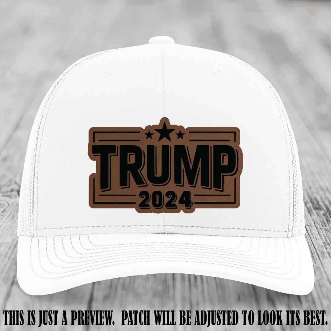 TRUMP 2024 leather patch on Richardson 112 White Hat with Dark Brown to Black Patch