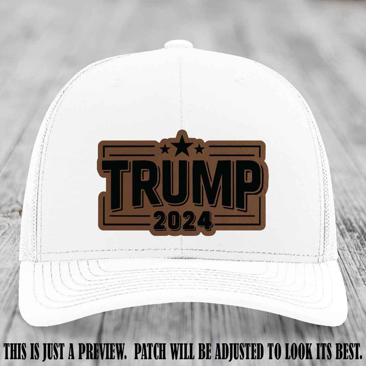 TRUMP 2024 leather patch on Richardson 112 White Hat with Dark Brown to Black Patch