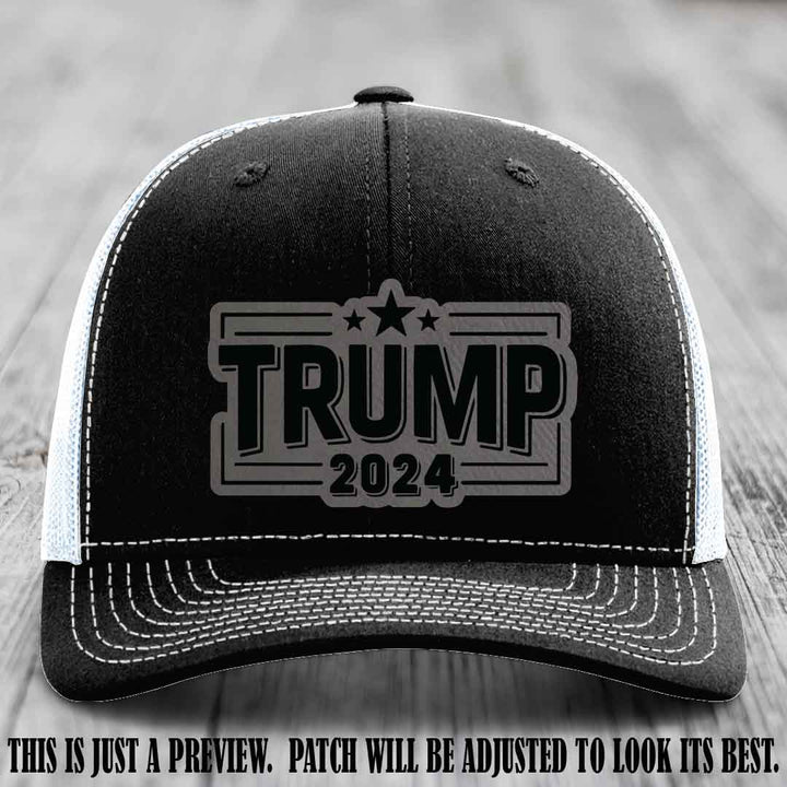 TRUMP 2024 leather patch on Richardson 112 Black to White Hat with Grey to Black Patch