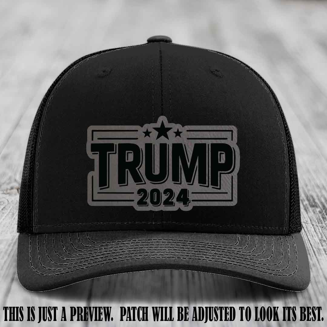 TRUMP 2024 leather patch on Richardson 112 Black Hat with Grey to Black Patch