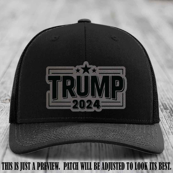 TRUMP 2024 leather patch on Richardson 112 Black Hat with Grey to Black Patch
