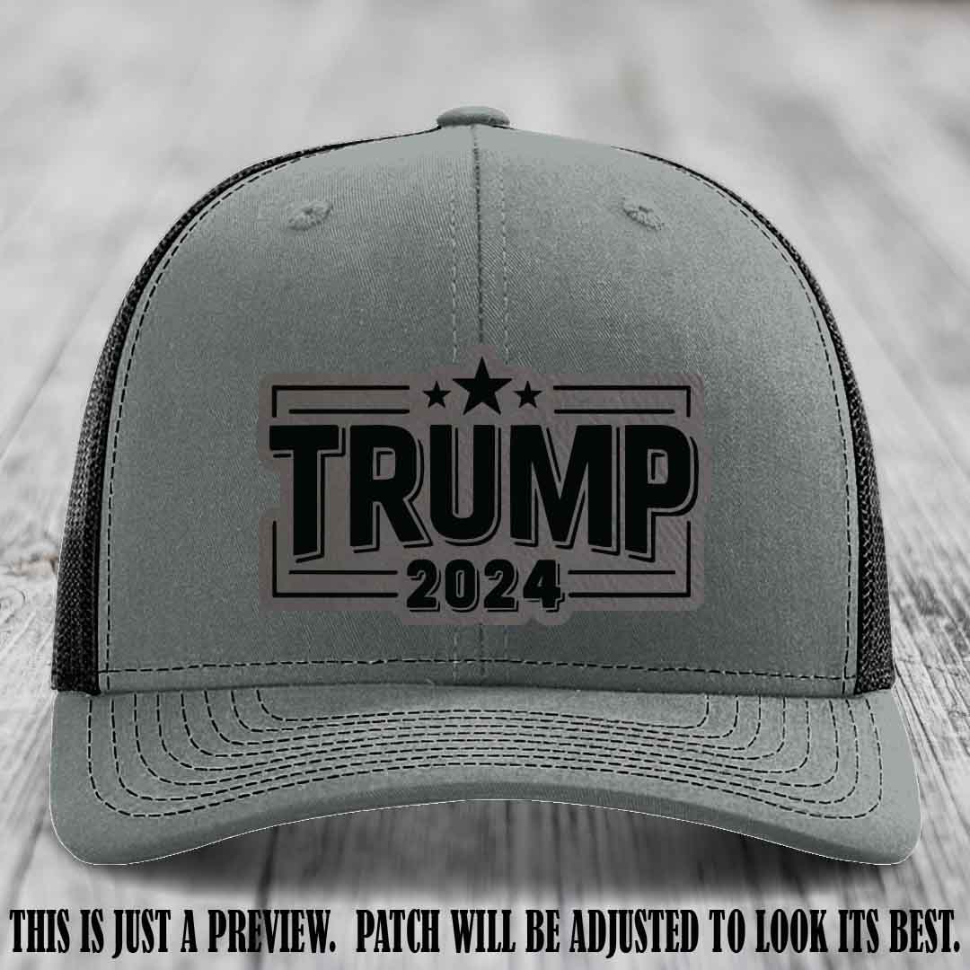 TRUMP 2024 leather patch on Richardson 112 Heather Grey to Black Hat with Grey to Black Patch