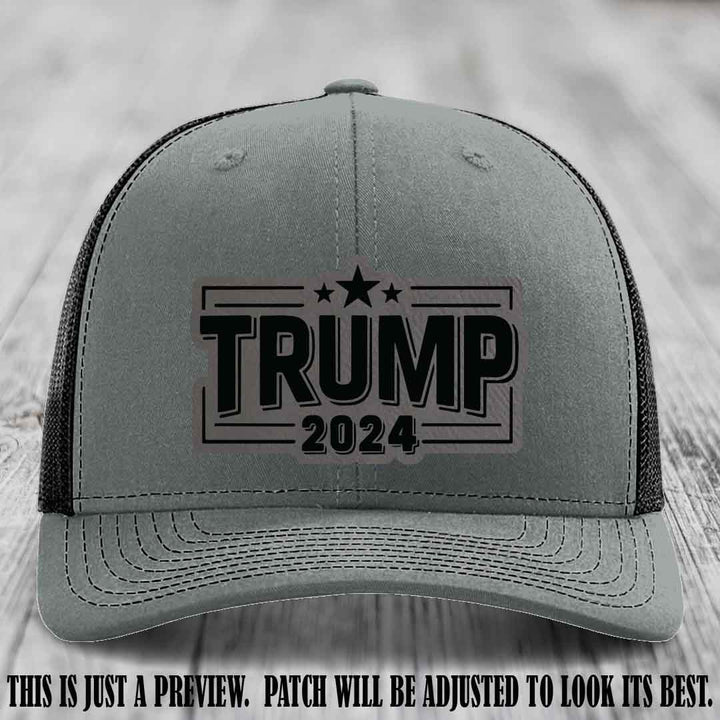TRUMP 2024 leather patch on Richardson 112 Heather Grey to Black Hat with Grey to Black Patch