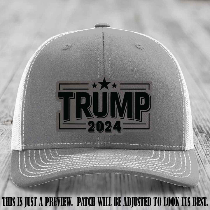 TRUMP 2024 leather patch on Richardson 112 Heather Grey to White Hat with Grey to Black Patch