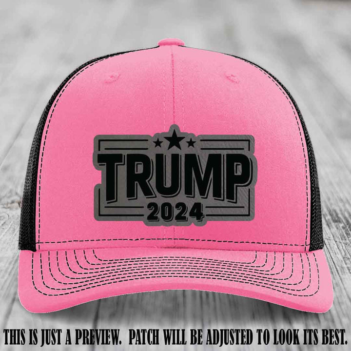 TRUMP 2024 leather patch on Richardson 112 Hot Pink to Black Hat with Grey to Black Patch