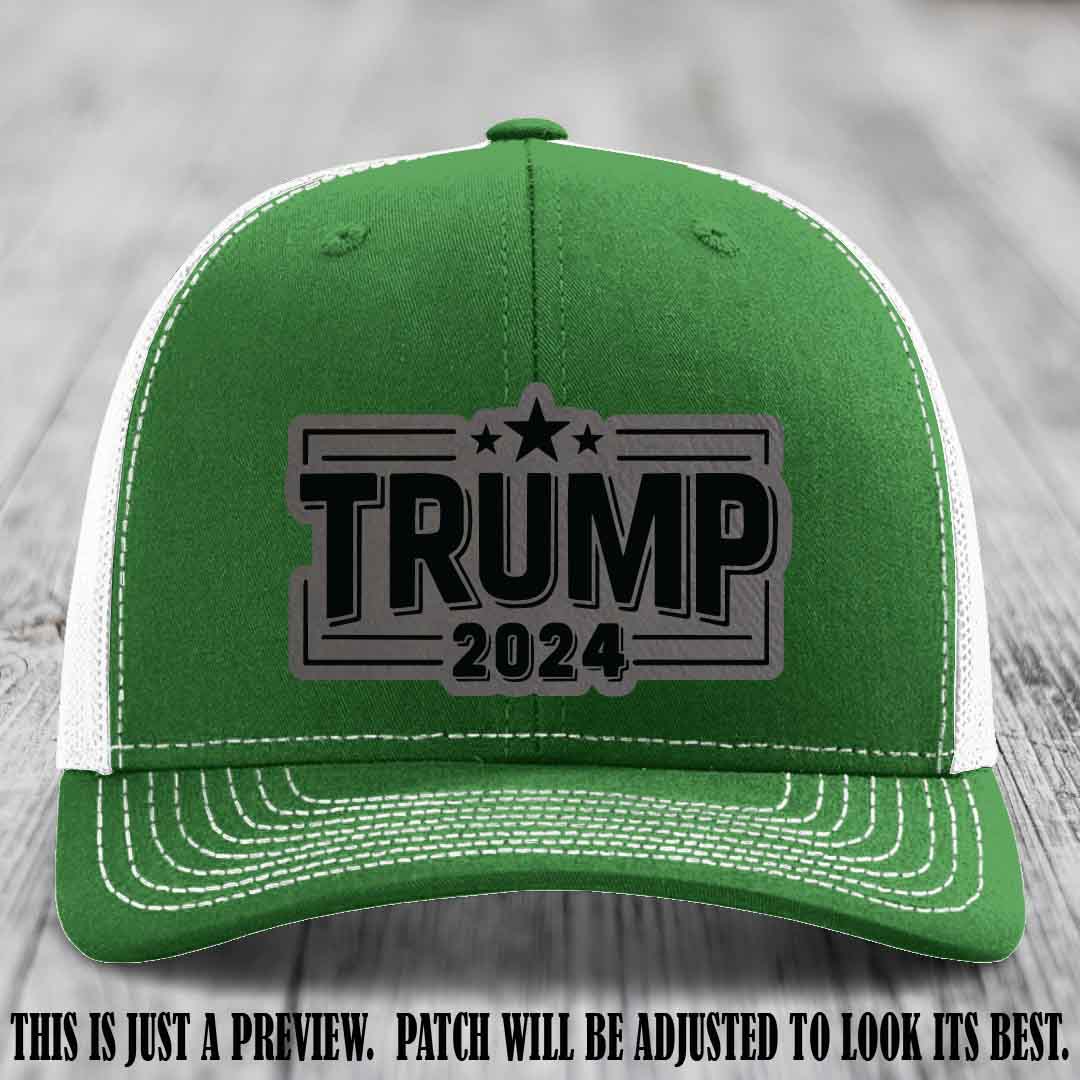 TRUMP 2024 leather patch on Richardson 112 Kelly to White Hat with Grey to Black Patch