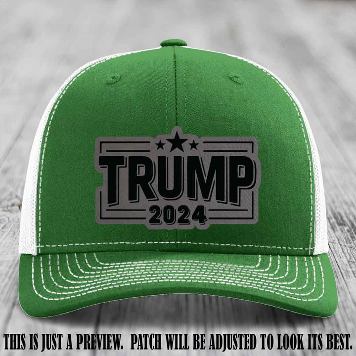 TRUMP 2024 leather patch on Richardson 112 Kelly to White Hat with Grey to Black Patch