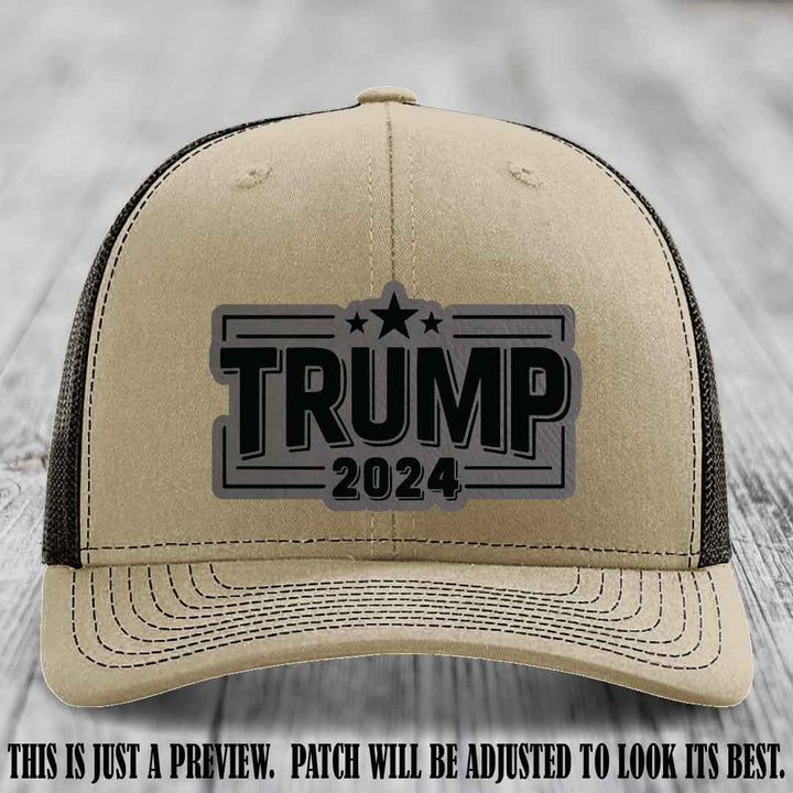 TRUMP 2024 leather patch on Richardson 112 Khaki to Coffee Hat with Grey to Black Patch