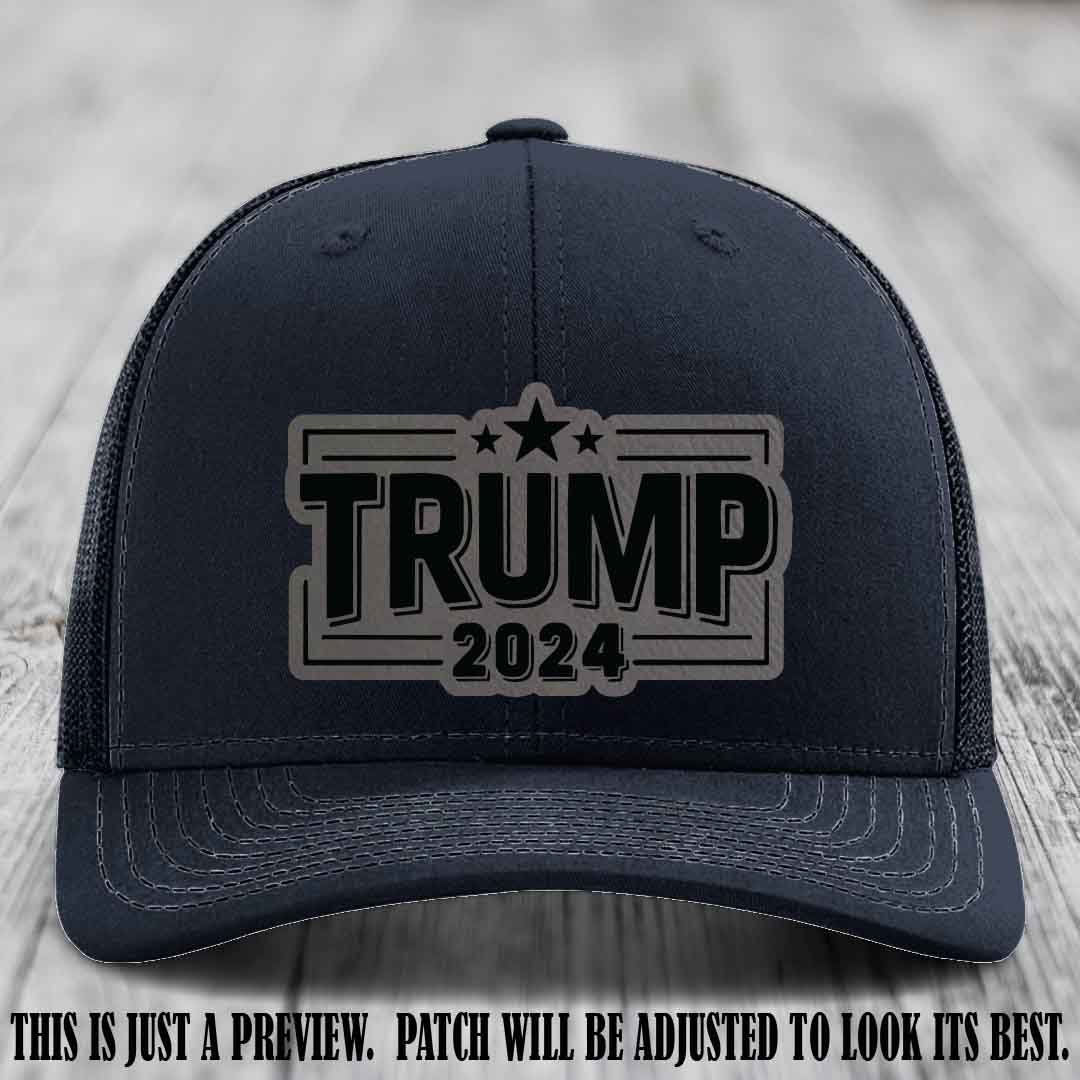 TRUMP 2024 leather patch on Richardson 112 Navy Hat with Grey to Black Patch