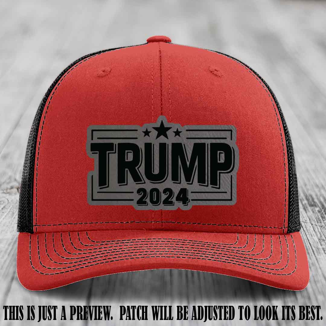 TRUMP 2024 leather patch on Richardson 112 Red to Black Hat with Grey to Black Patch