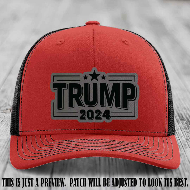 TRUMP 2024 leather patch on Richardson 112 Red to Black Hat with Grey to Black Patch