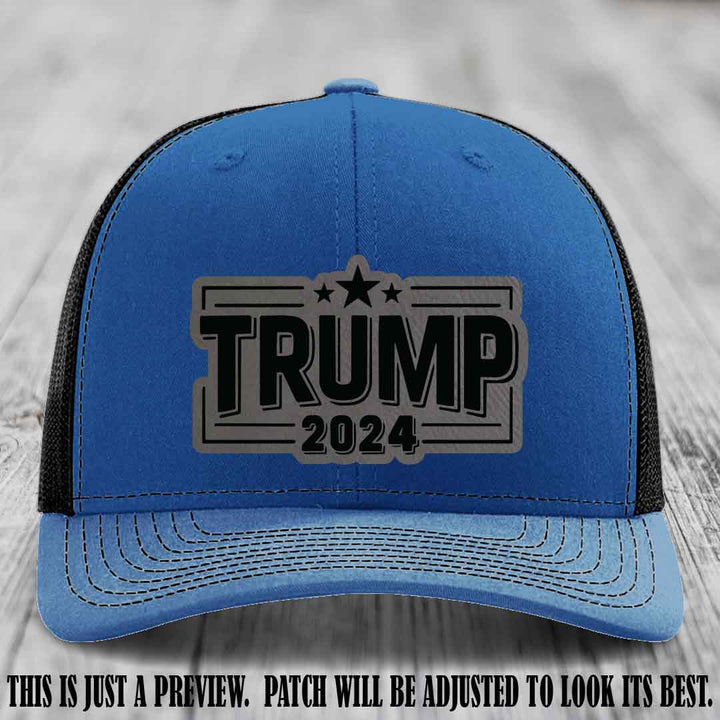 TRUMP 2024 leather patch on Richardson 112 Royal to Black Hat with Grey to Black Patch