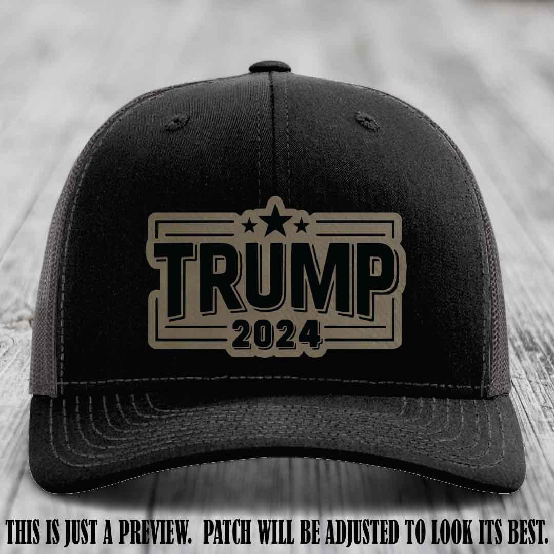 TRUMP 2024 leather patch on Richardson 112 Black to Charcoal Hat with Light Brown to Black Patch
